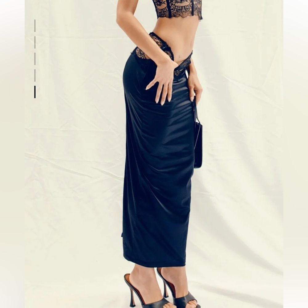 God Save Queens Cristina Black Lace Skirt midi sheer lingerie satin Revolve XS - Picture 3 of 12